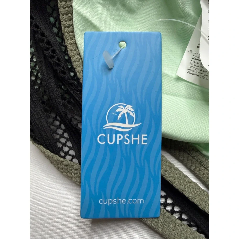 Cupshe Olive Green Ribbed Tankini Set High Neck Mesh Cutout Back Size M